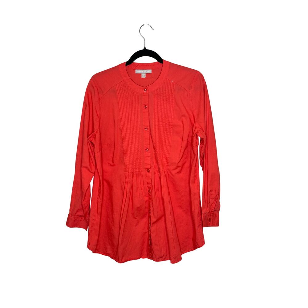 Woman Within Orange 100% Cotton Pleated Button-Up Long Sleeve Blouse Tunic 16 M